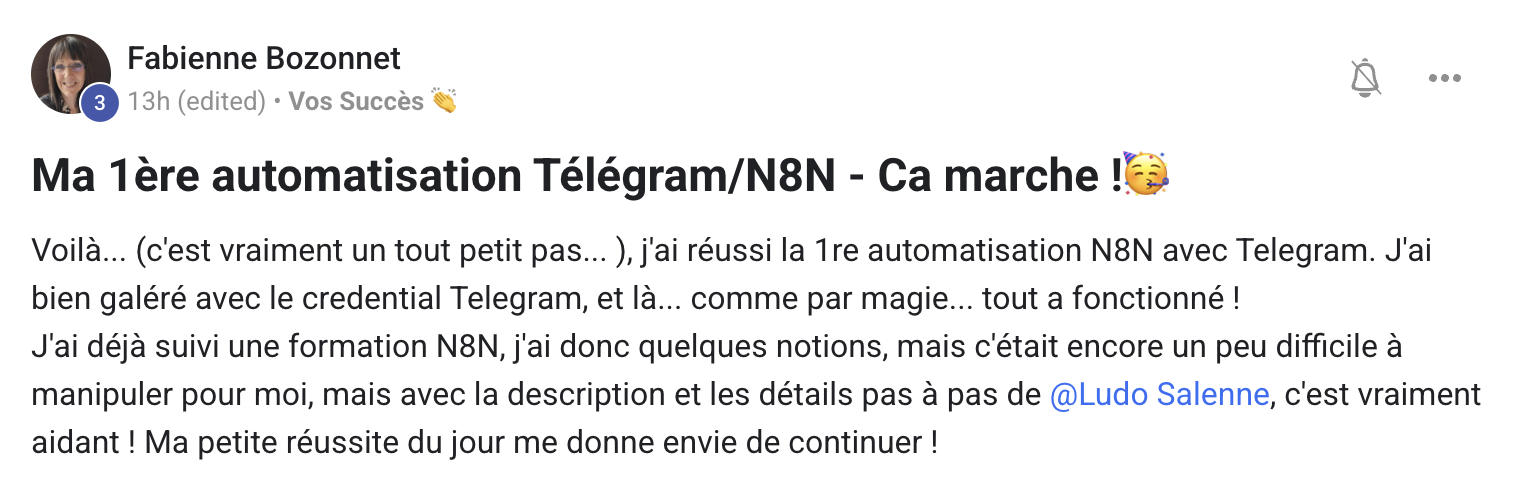 Témoignage de Fabienne Bozonnet — première automatisation Telegram/N8N réussie